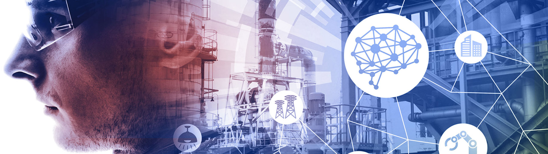 Digital montage of engineer with oil refinery and technology icons with colour overlay